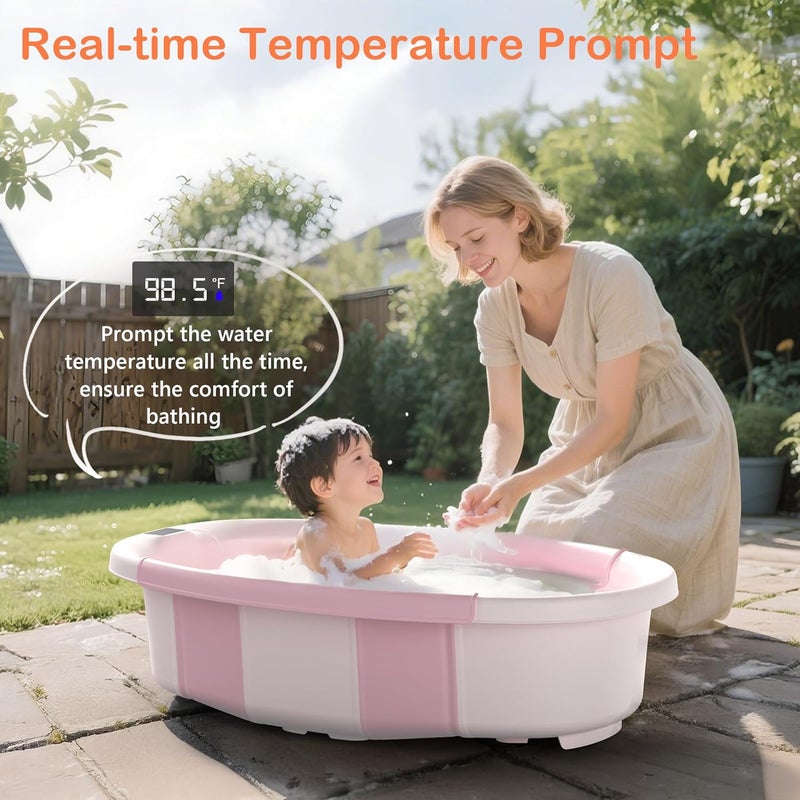 Spluvvly Collapsible Baby Bathtub - Large Baby Bath Tub with Thermometer & Cushion | Travel Portable Newborn Infant Bathtub | Foldable Toddler Bathtub for Baby 0 to 36 Months (Pink) - Image 4